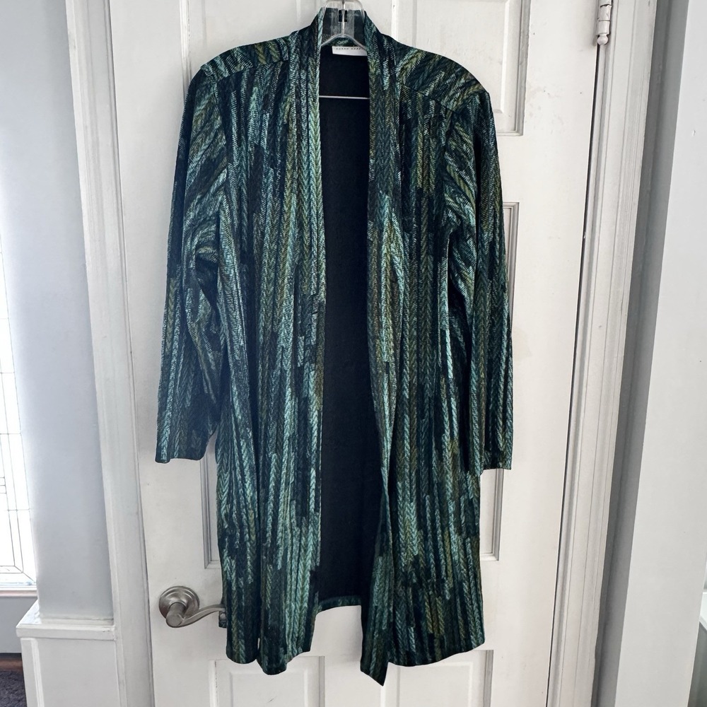 Susan Graver 1X Petite Cardigan Duster Open Front Teal Green Abstract Art Jacket